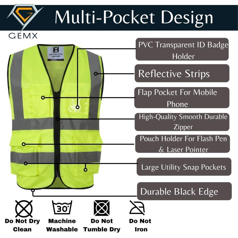 Gemx Hi Vis Vests Zipper Front for Safety & Emergencies-High