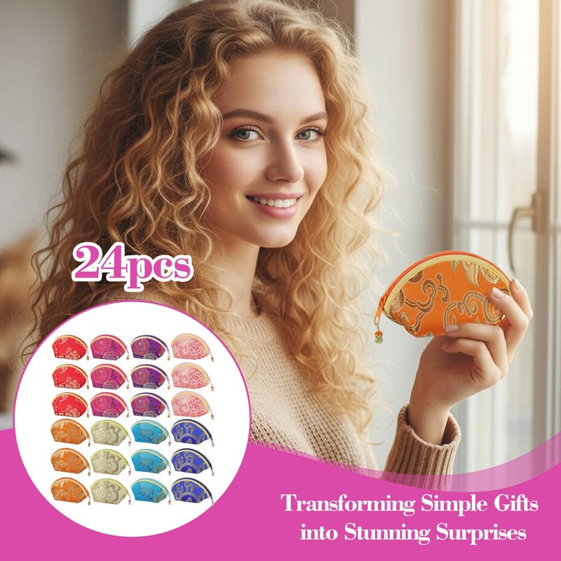 24 Pcs Silk Coin Purse Zipper Purse Embroidery Sugar Jewelry