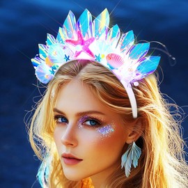Handcess Light up Shell Headband LED Starfish Hair Band Glowing Mermaid Costume Crown Headbands Party Rave Hair Accessories for Women
