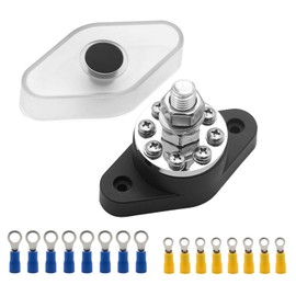 Ampper Heavy Duty M10 Single Stud Battery Ground Distribution Block W/Cover and (8) #8-32 Terminal Screws, 3/8" Power Junction Block Distribution Studs Terminal Kit (Black)