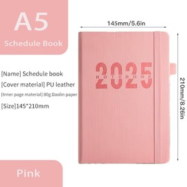2025 Planner 5.6'' x 8.3'', A5 Size Hardcover Calendar Planner, Pink, A Monthly, Weekly, Daily Planner Calendar, Appointment Book, Ultra thick 400 Pages, Notebook for School, Office Schedule