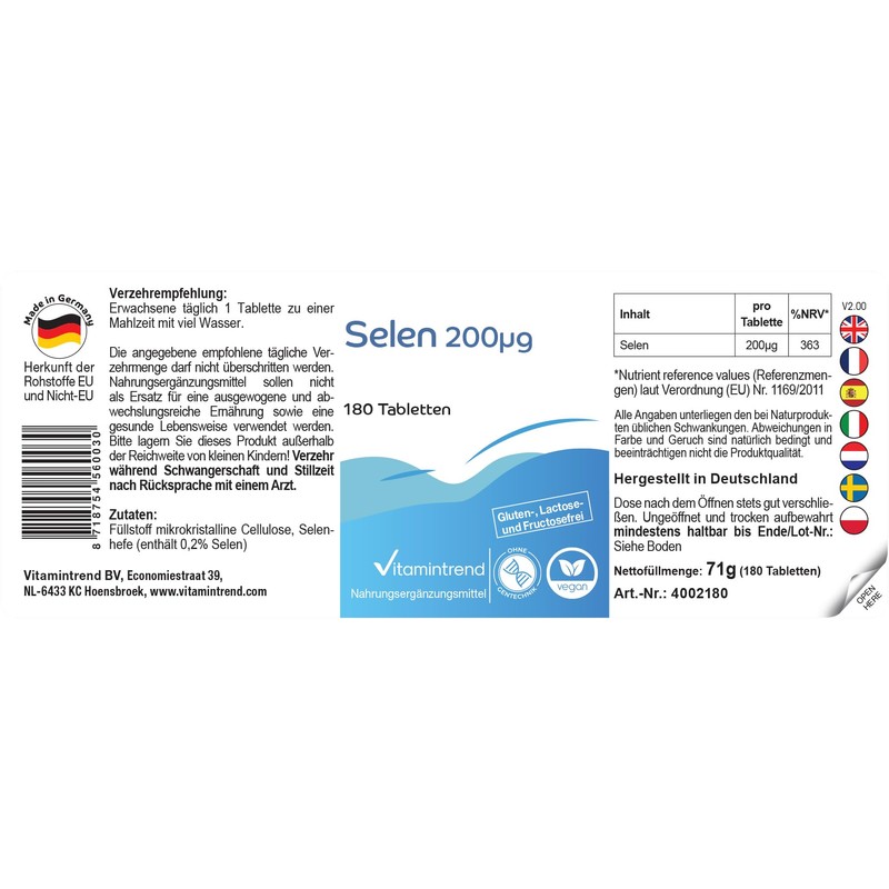 Selen 200μg aus Selenhefe - 180 Tabletten - hochdosiert -