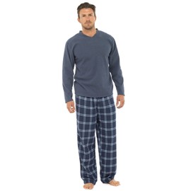 Mens Thermal Fleece Top & Flannel Check Bottoms PJ Set - Grey/Blue, Extra Large