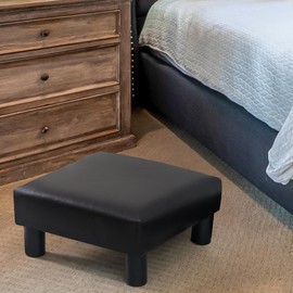 Adeco 15.7" Small Square Ottoman, Faux Leather Footstool with Plastic Legs for Footrest with Non-Slip Pads for Living Room Entryway Office Couch, Black PU Leather