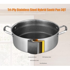 Inqibee 3 QT Hybrid Tri-Ply Stainless Steel Non Stick Sauté Pan with Lid,10 Inch Induction Deep Frying Pan,Skillet,Jumbo Cooker,Dishwasher and Oven Safe