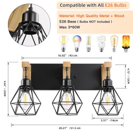 3-Light Farmhouse Vanity Light for Bathroom, Wood Bathroom Light Fixtures Over Mirror, Rustic Sconces Wall Lighting with Elegant Metal Lampshade for Living Room, Bedroom, Hallway