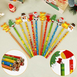 Qpout 24 Pcs Christmas Pencils with Wooden Toppers Fun Holiday Pencils Bulk for Kids Students Christmas Party Favor School Supplies Classroom Prize Gifts,6 Styles