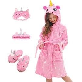 CHETOSHO Soft Unicorn Hooded Robe with Matching Slippers Headband and Blindfold for Girls - Pink White Stars 5-6 Years