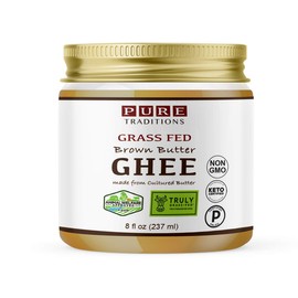 Grass-Fed Cultured Brown Butter Ghee, Certified Paleo, Keto Certified, Truly Grass Fed Certified, Casein and Lactose Free (8 oz) Glass Jar