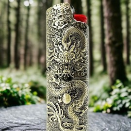 Metal Lighter Case Cover Lighter Pouch Fits Bic Lighter Standard Size J6 Dragon Design Metallic