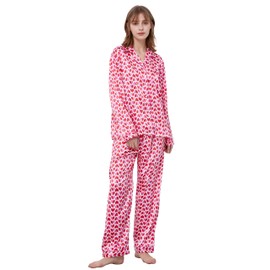 TONY AND CANDICE Women's Classic Satin Pajama Set Sleepwear Loungewear (Pink Hearts, Small)