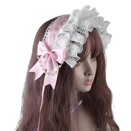 CHSYLFDC Ruffled Lace Headband Japanese Style Crisscross Ribbon knot Maid Hair Band Pearls Chain Cosplay Hair Accessory, light pink (Pink)