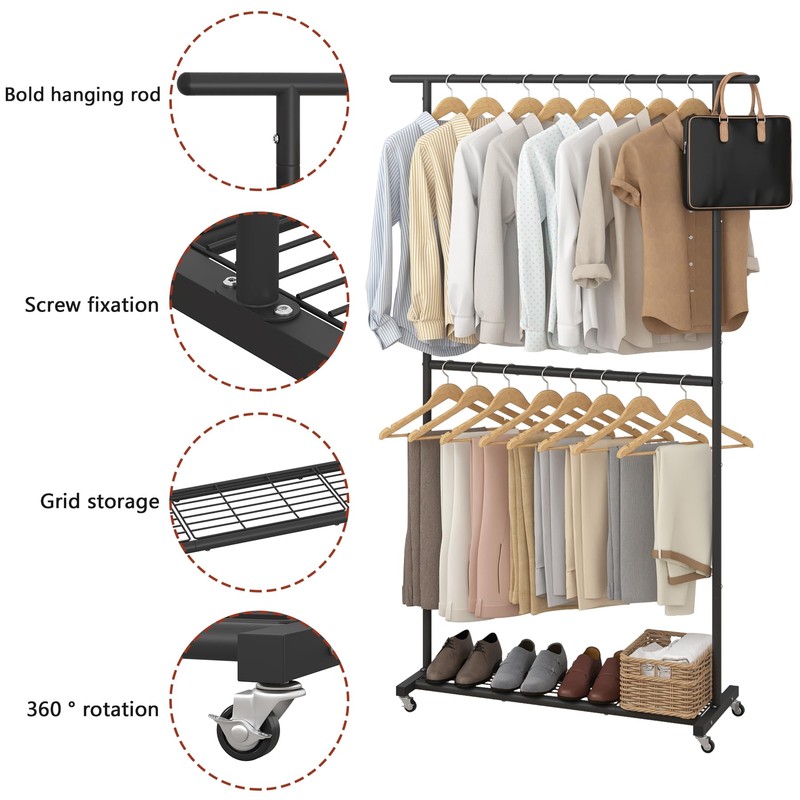Sywhitta Double Rod Clothing Garment Rack, Rolling Coat Hanger with