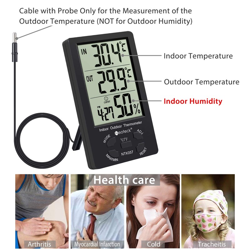 Neoteck Thermometer/Hygrometer, Accuracy ± 1 °C, Sensor, LCD Digital, Indoor