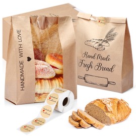 Motipuns 100 Pcs Baking Bread Storage Bags with Label Seal Sticker 14 x 8.3 x 3.5'' Large Paper Bread Bags with Clear Front Window Brown Loaf Bread Packaging for Homemade Bread Cookie Sourdough