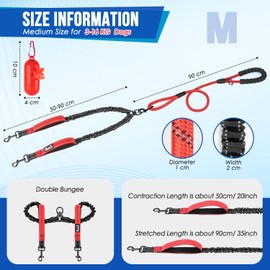 Eyein Double Dog Leash No Tangle - 360° Swivel Heavy Duty Reflective Lead with Two Padded Handles Dual Dog Splitter, Comfortable Shock Absorbing Walking Training for 2 Small Medium Dogs(Red,M)