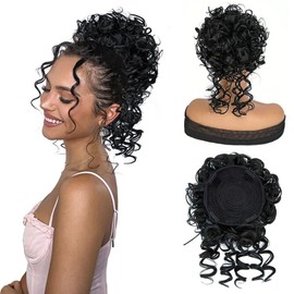 Elastic Drawstring Curly Hair Bun Extension With Long Tendrils Updo Hair Shaper Holder Hairpiece Messy Fluffy Synthetic Chignon Scrunchie Ponytail (Black)
