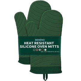 Beneno Heat Resistant Silicone Oven Mitts BPA-Free, Non-Slip Textured Grip & Quilted Cotton Lining, Waterproof Kitchen Mitt 2-Pack Set, 7"x13", Green
