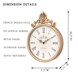 Abdurey Small French Retro Decorative Wall Clock,Antique Gold Round Vintage Style,Battery Operated Silent Boho Decor Wall Clocks for Farmhouse,Kitchen,Bathroom,Bedroom(10.3" H x 7.7" W)