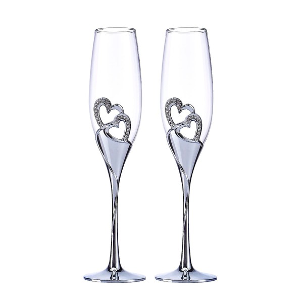 LANLONG - Copas de champaña para boda, copas de tostado, copas de vidrio creativas de lujo con diamantes de imitación, juego de regalo para decoración de corazón con borde de diamantes de imitación