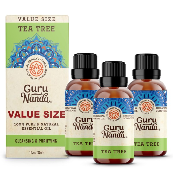 Tea Tree Essential Oil (Pack of 3 x 1 Oz) - 100% Pure & Natural Therapeutic Grade Essential Oil for Skin, Hair - Perfect for Aromatherapy, Diffuser & Beauty - GuruNanda