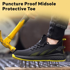 SPIEZ Unisex Safety Shoes with Composite Toe Cap, Puncture Proof Breathable Work Shoes for Men and Women, Slip on Fashion Sneakers for Work and Daily Wear, 6.5 Women/4.5 Men, Blackyellow01