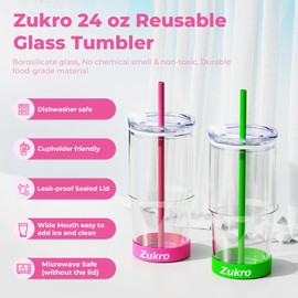 Zukro Glass Tumbler With Lid and Straw Leak Proof, 24 oz Clear Reusable Borosilicate Glass Iced Coffee Cup Water Cup With Silicone Boot for Hot and Cold Drinks, Smoothie Cup Dishwasher Safe, 2 Pack