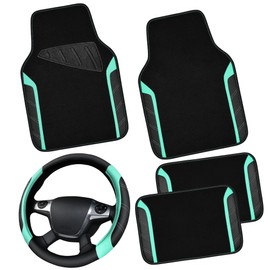 CAR PASS Leather Steering Wheel Cover and Waterproof Car Floor Mats,Microfiber Universal Car Combo Fit for 95% Sedan,SUV,Cars,14.5-15inch Sporty Anti-Slip Safety Comfortable Design(Black&Mint)