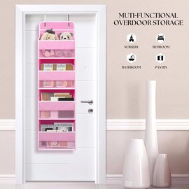 Heavy Duty Over Door Organizer, Wall Mount Hanging Organizer Storage with 4 Large Capacity Pockets, Closet Bathroom Nursery Bedroom Dorm, Toys Cosmetics Sundries and Baby Essentials, Pink