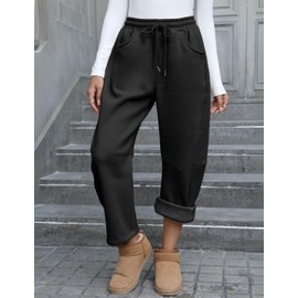 Yeokou Womens Fleece Lined Barrel Leg Sweatpants High Waist Winter Joggers Cozy Home Travel Lounge Pants with Pockets(Black-L)