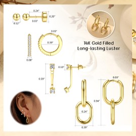 Sanfenly Small 14K Gold Filled Hoop Earrings Sets for Multiple Piercing- Dainty Cartilage Earring-Hypoallergenic Dangle Huggie Earrings for Women Ear Jacket Flat Back Stud Earring for Sensitive Ears 20G