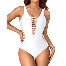 Aqua Eve Traje de baño sexy de una pieza para mujer con cuello en V profundo, Blanco, L