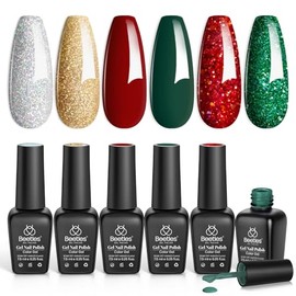 Beetles Gel Nail Polish Set, Chrismas New Year Kit Sparkle Green Glitter Gold Silver Dark Green Dark Red Soak Off Nail Lamp LED Cured, 7.3ml Each Bott