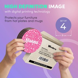 4 x Boxed Round Coasters - Name Hanna Pink Hearts Love Letter Lettering Initial Cork Backed MDF Glossy Tea Coffee Accessory #268573