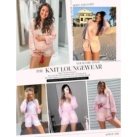 Ekouaer Knit Pajamas Set for Women Lounge Sets Long Sleeve Sweatsuit Matching 2 Piece Outfits Cute Sweater Sets Floral Pink M