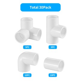 LESSO 30 Pcs 3/4" PVC Pipe Fitting Set, Includes 3/4 Inch Tee Fittings, PVC Couplings, 90 Degree Elbow,3 Way Elbow Pipe Fittings for DIY Projects, Greenhouse, Shed, Plumbing and Building,SCH40 White