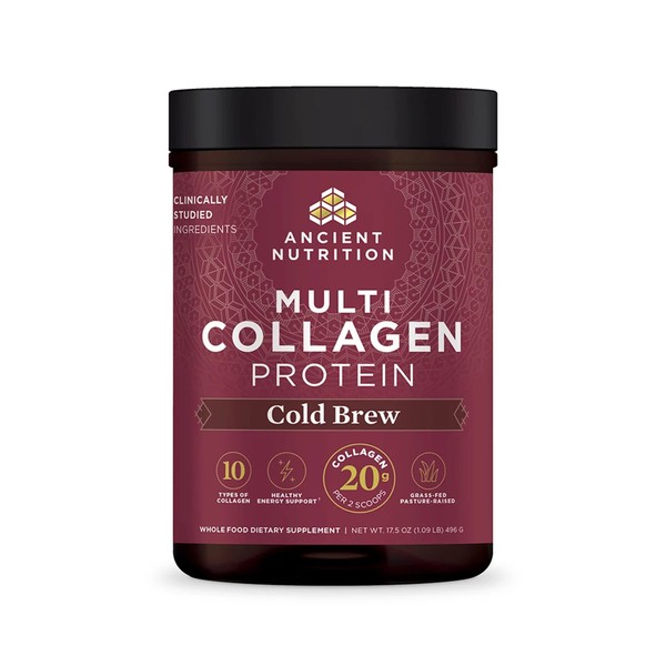 Ancient Nutrition Collagen Powder Protein, Cold Brew Coffee Multi Collagen Protein with 40mg Caffeine/Serving, Hydrolyzed Collagen Peptides Supports Skin and Nails, Gut Health, 17.5 oz
