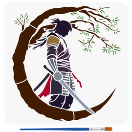 FINGERINSPIRE Samurai of The East Painting Stencils with Brush 30x30cm Plastic PET Katana Tree Pattern Drawing Template Decorative Hollowed Oriental Theme Stencil for Painting on Wood Canvas