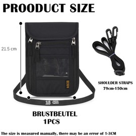 Sugeru Chest Bag Coin Compartment, Viewing Window, Chest Pocket for Men and Women with RFID Protection, Zip, Waterproof, Travel Wallet for Credit Cards, Passports, Coins, Travel Accessories, black,