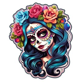 Sugar Skull Anime Vinyl Sticker - 5 Inches Cute Flower Anime Decals for Vehicles Cars Bumper RV Window Adults Laptop Waterbottles Trucks Women Girls