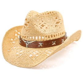 WQWOVRVO Cowboy Hat,Cowgirl Hat,Cowboy Hats for Women/Mens/Straw Wide with Shapeable Brim Cowboy Hat for Womens/White/Black., Beige + Brown Big Bullhead, One Size