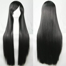 Unbranded Black 80cm Straight Sleek Long Full Hair Wigs w Side Bangs Cosplay Costume Women