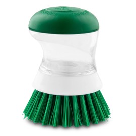 Libman Palm Brush with Soap Dispenser – Dish Brush for Pots, Pans & Kitchen Sink Cleaning – Ergonomic Grip, Non-Leaking Button, Durable Angled Bristles – Recycled PET Fibers – 4” x 3.25”