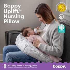 Boppy Uplift Nursing Pillow - Wedge Bottle & Breastfeeding Pillow to Reduce Spit-Up and Reflux Symptoms, with Body-Inclusive Opening and Belt, Baby Safety Alliance Verified - Gray Gentle Leaves
