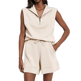 Glamaker Women's Two Piece Short Sets Summer Lounge Sweatsuits Air Essentials Sleeveless Outfits Travel Tracksuit, Light Apricot, Small