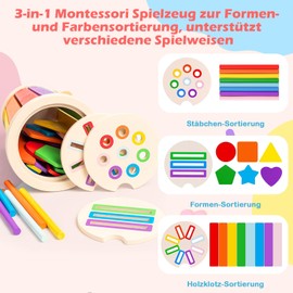 Montessori Spielzeug 3-in-1Holzspielzeug Kinder Steckspiel Sortierspiel ab 1 jahr Kinderspielzeug zum Farben Lernen Lernspiele ab 12+Monate Motorikspielzeug Sensorik Spielzeug Geschenke für Kinder