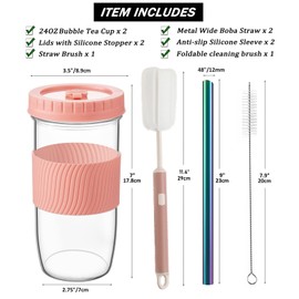 Amyoole 2 Pack Reusable Boba Cup, 24Oz Wide Mouth Smoothie Cup,mason Jar Glass Cups with Lids and Straws,Bubble/Boba Tea Cups,Ice Coffee Tumbler 2 colored straws 1 sponge brush(Pink)