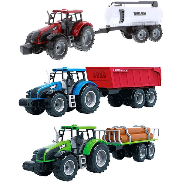 Mozlly Friction Powered Farm Tractor Vehicles, 16.5" Includes Farmer Tractor Water Tank and Log Trailer, Push & Go No Batteries Needed Farming Toys Playset for Boys Kids Toddlers (3pc Set)