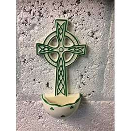 Osiris Trading UK Celtic Cross Water Font Wall Plaque Ceramic Sculpture Religious Catholic Ornament for Home or Chapel