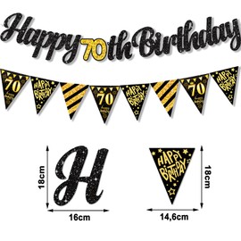 ParPix Pack of 2 Garland, 70th Birthday Decoration, Black Gold Banner Decoration, 70th Birthday Man Woman, 70th Birthday Decoration Garland, 70s Happy Birthday Garland, 70th Birthday Man Birthday